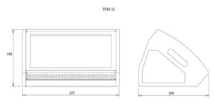 Engineering schematic of a box-shaped device labeled TCM 12, showing front view with a large central opening and perforated vent at the bottom, and a side profile; overall dimensions: 198 mm tall, 337 mm wide, 244 mm deep.