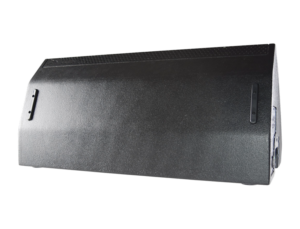 Car subwoofer enclosure in a textured black carpeted box, angled to show side mounting panel and port area