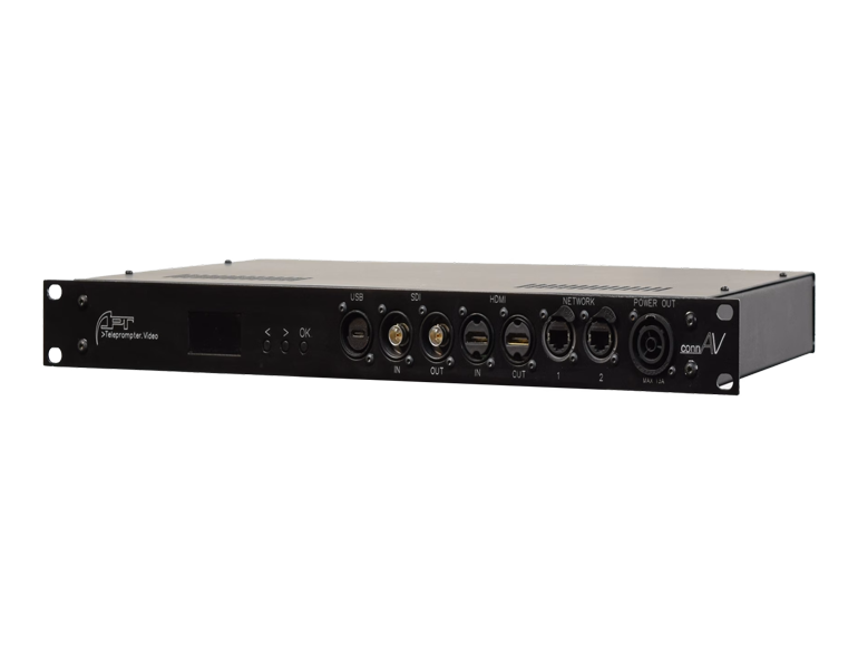 connAV 04 Front view of a black AV rack unit with USB, SDI, HDMI, Network and Power ports; branding visible on the left side